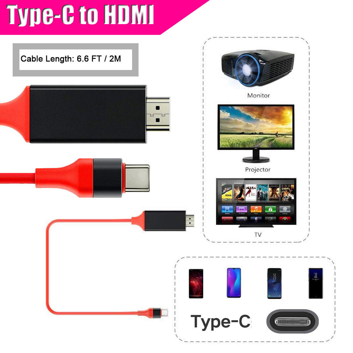 6ft Type C Phone to HDMI HDTV TV Cable Adapter For Galaxy S21 FE Ultra Plus 5G