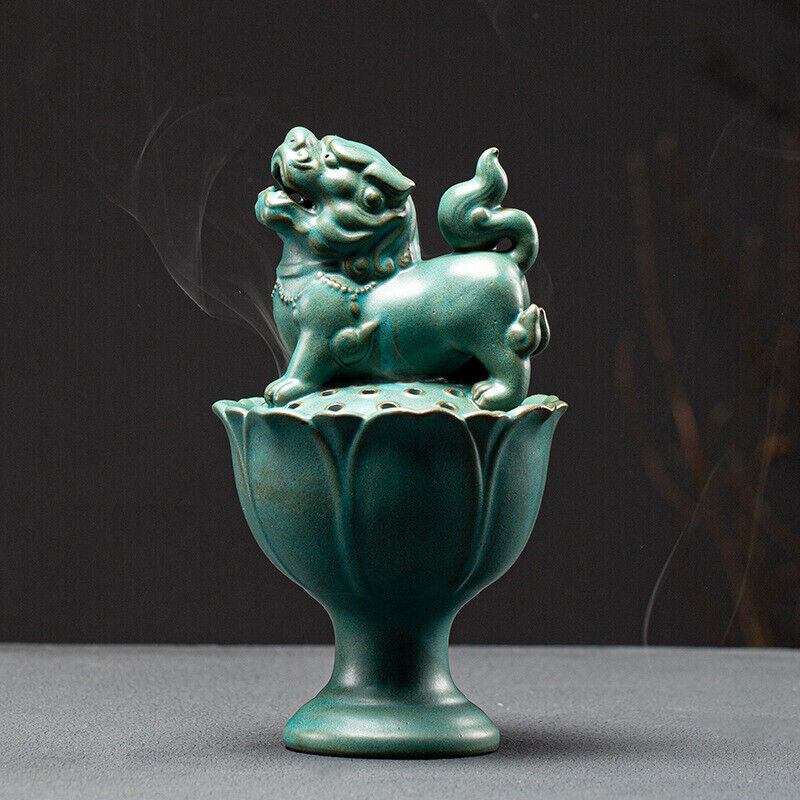 Foo Dog Fyi Statue Lotus Carved Incence Burner Porcelain Decoration Zen Style