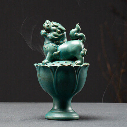 Foo Dog Fyi Statue Lotus Carved Incence Burner Porcelain Decoration Zen Style