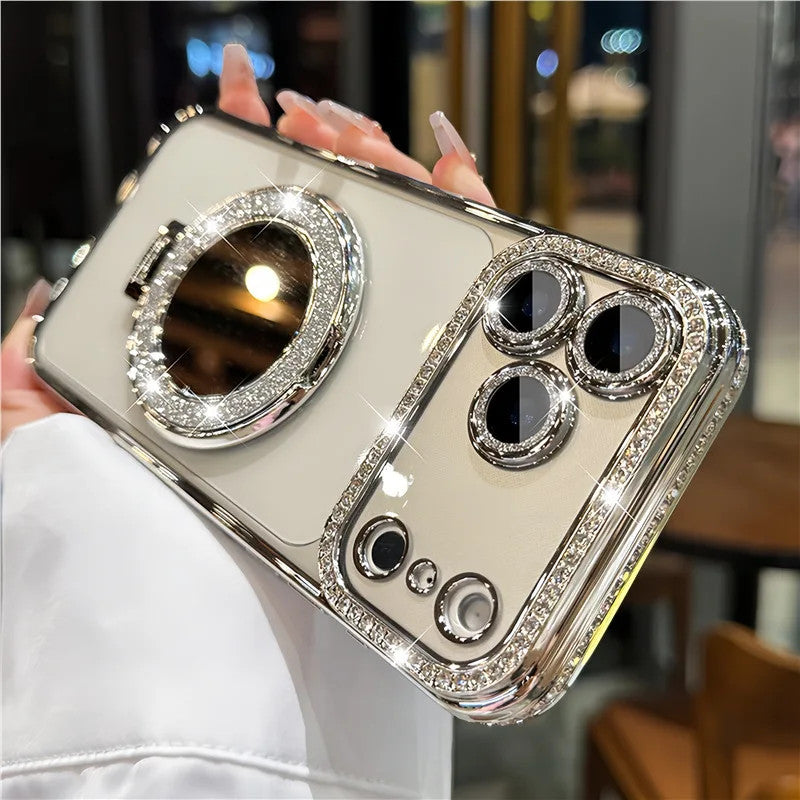 Luxury Rhinestone Magnetic Stand Silicone Case for iPhone 17/16/15/14/13/12/11