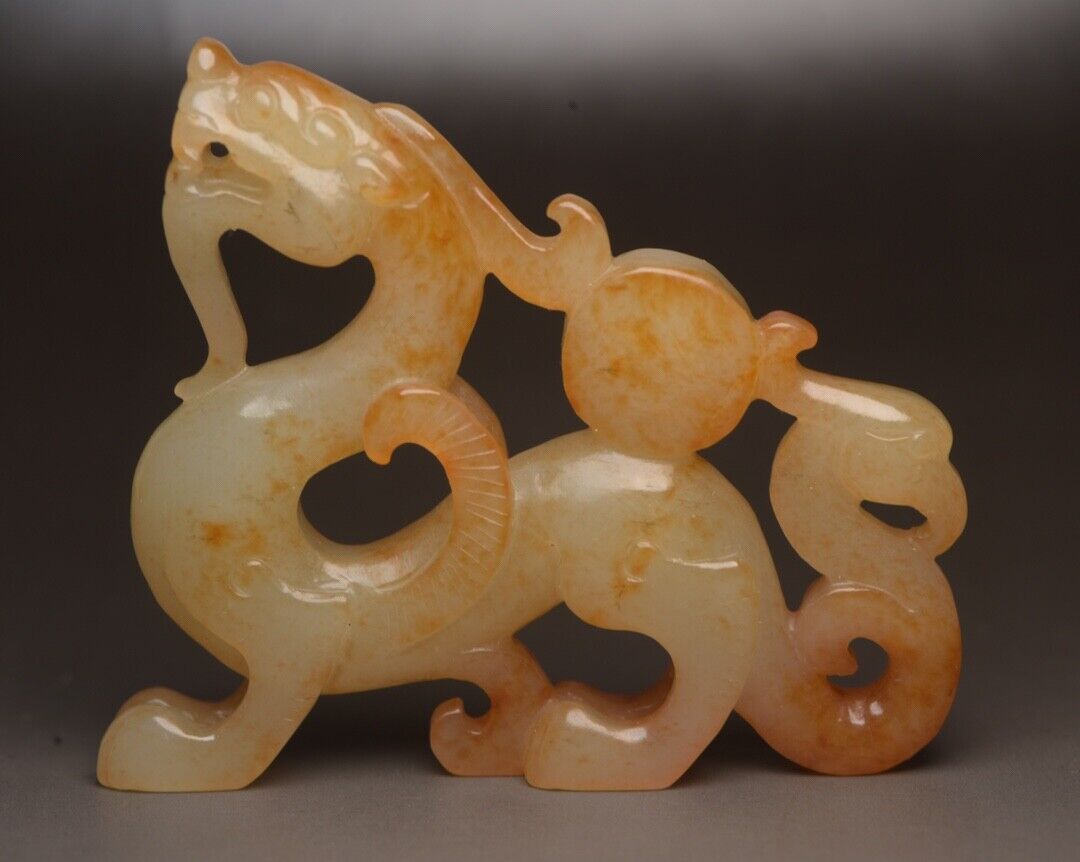 Top Chinese Antique Hetian Jade Carving Dragon Phoenix 龙凤呈祥 Statue Sculpture Art
