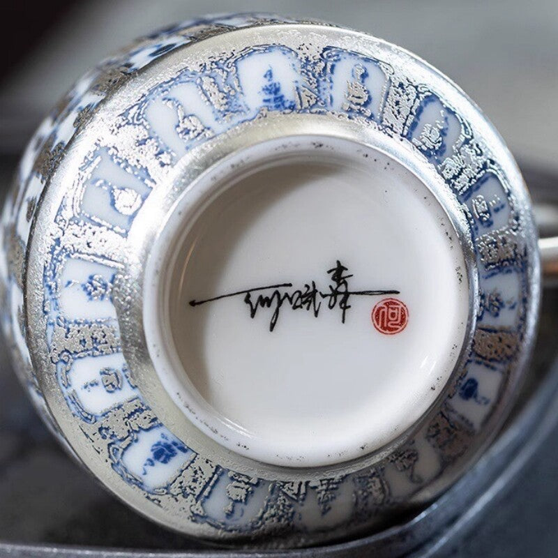 Ceramic + Pure Silver Tea Pot Gaiwan Master Cup Porcelain Buddha Tea Cup Tureen