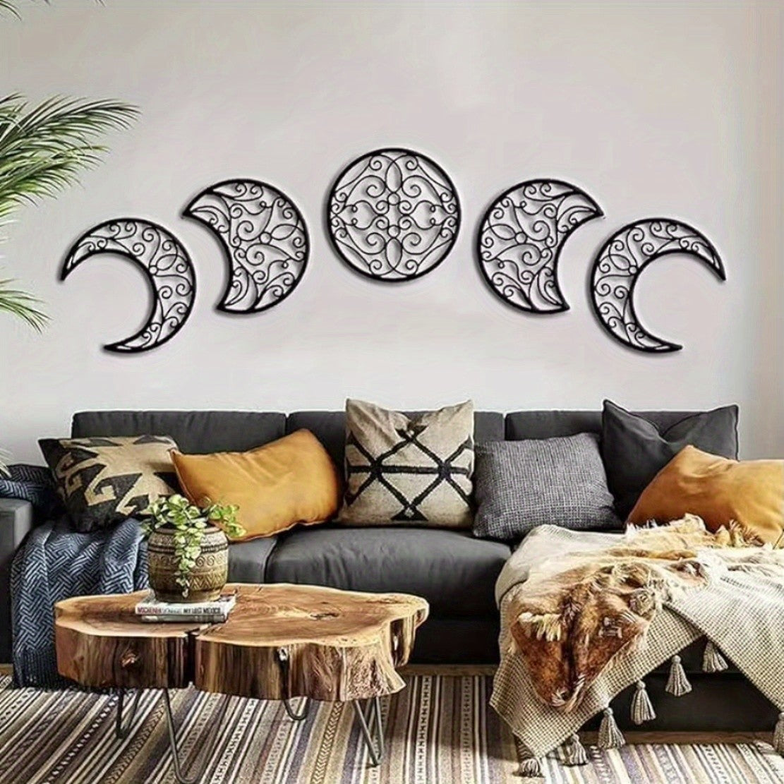 HelloYoung 5pcs Moon Phase Wall Art Nordic Boho Celestial Metal Decor