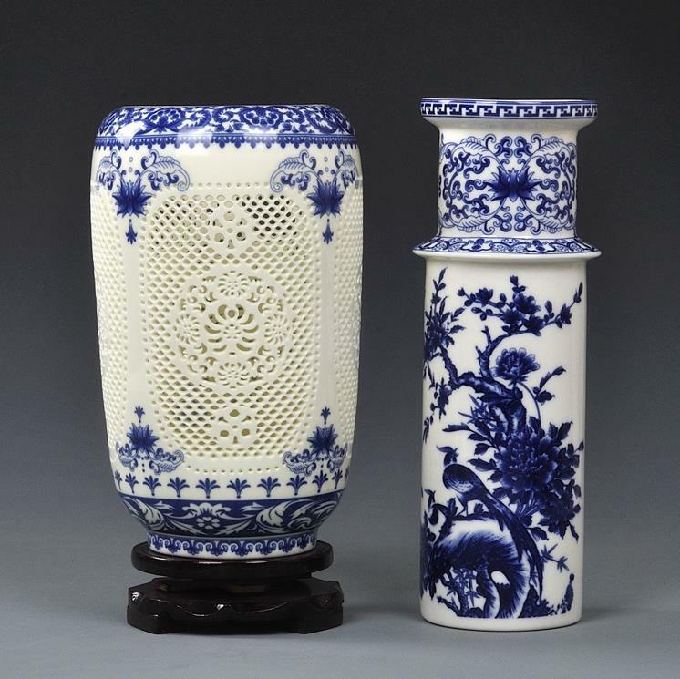 ChinaPorcelainBlue-and-white Hollow Ceramics Double-deck Flower Wooden Club Vase