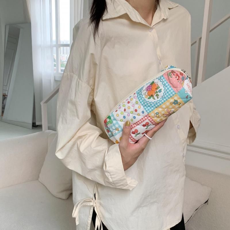 Small Makeup Bag Zipper Cosmetic Pouch Brush Storage Cases 19*8*6 CM Cotton 1 PC