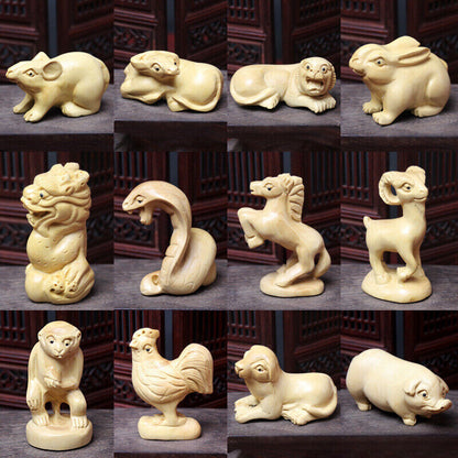 12 Pcs Boxwood Carved Chinese Zodiac Year Netsuke Figurines Statues Animals Gift