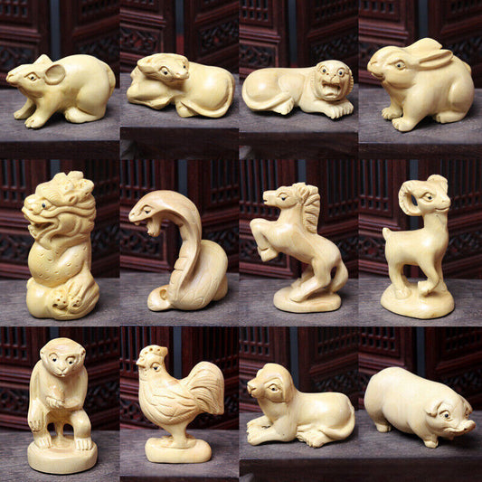 12 Pcs Boxwood Carved Chinese Zodiac Year Netsuke Figurines Statues Animals Gift