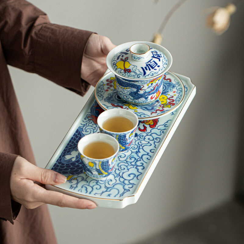 Chinese Tea Set Porcelain Gaiwan Tea Cup Plate Dragon Print Ceramic Tureen China