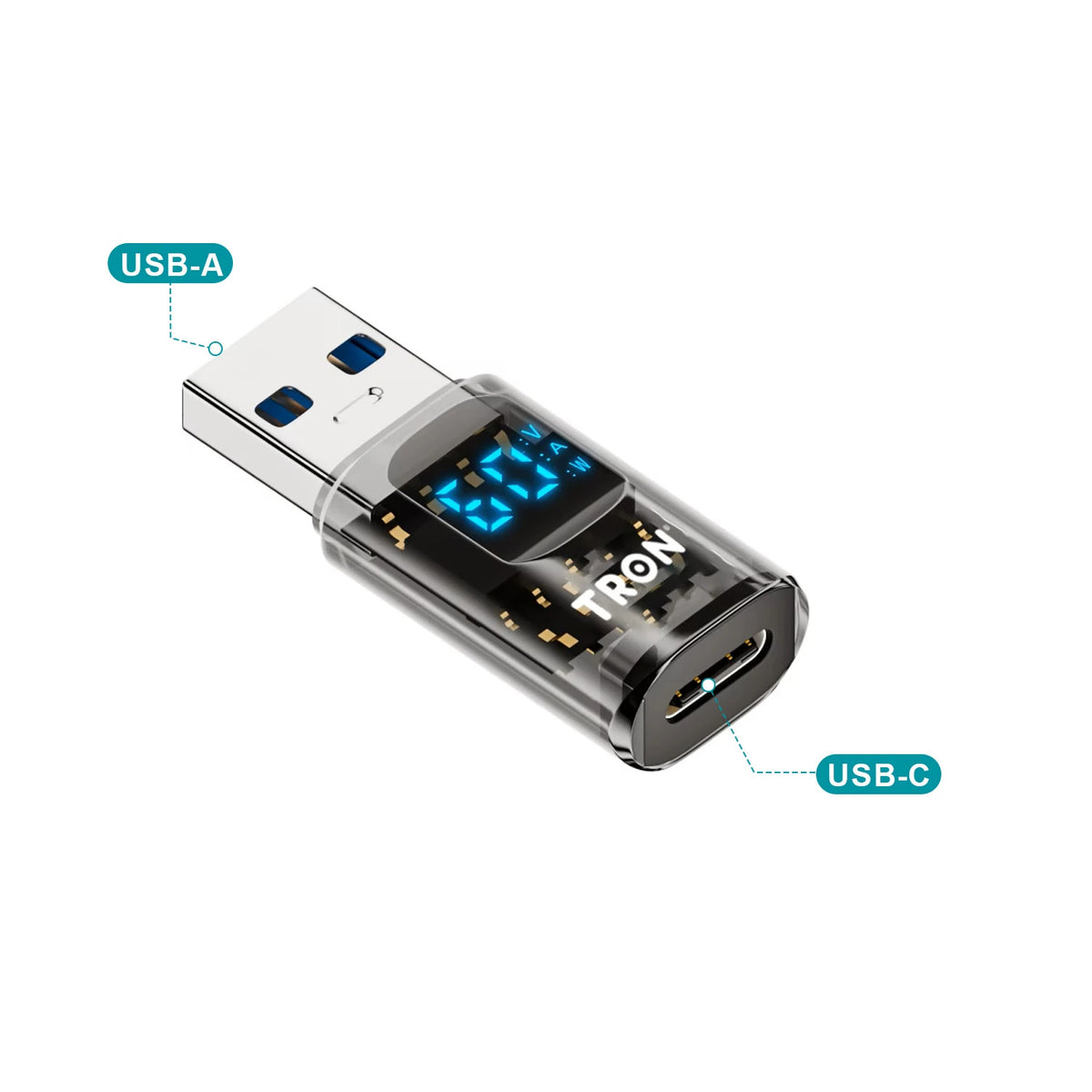 TRON USB-C to USB-A Adapter, LED Display Data Transfer & Fast Charging,