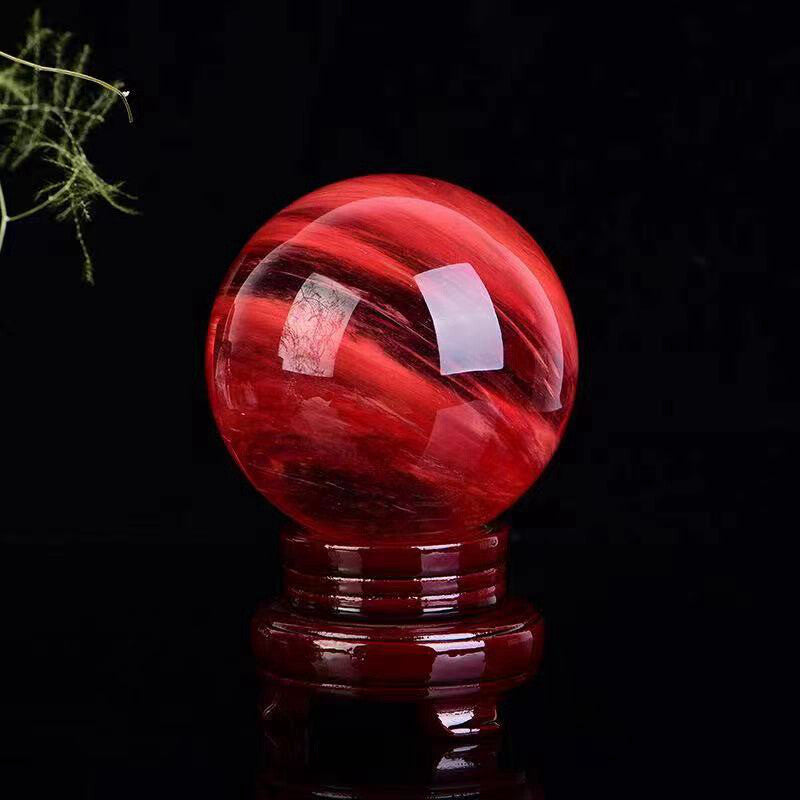 80mm Large Natural Red Smelting Stone Quartz Crystal Sphere Ball Decor + Stand