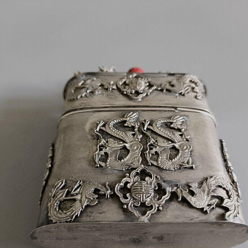 Exquisite Old Chinese tibet silver handcarved Dragon phoenix toothpick box