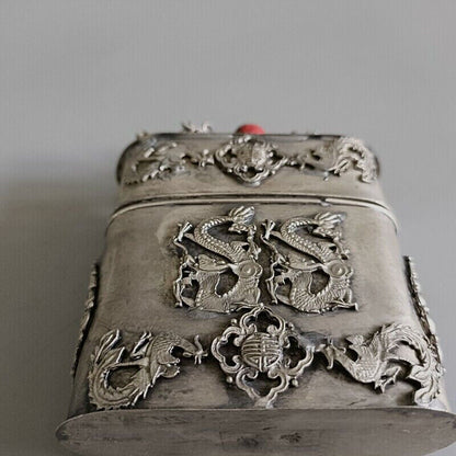 Exquisite Old Chinese tibet silver handcarved Dragon phoenix toothpick box