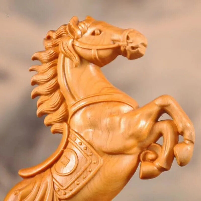 Natural Cypress Animal Horse Statue Traditional Hand Carving Solid Wood Statue