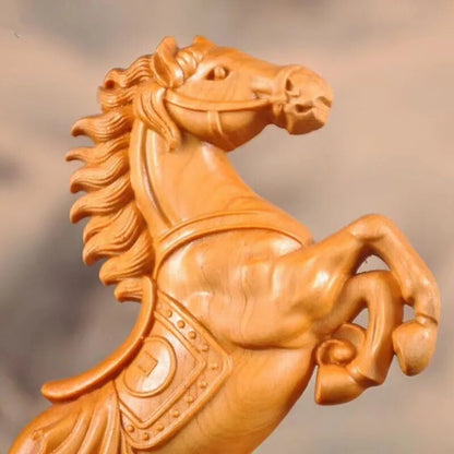 Natural Cypress Animal Horse Statue Traditional Hand Carving Solid Wood Statue