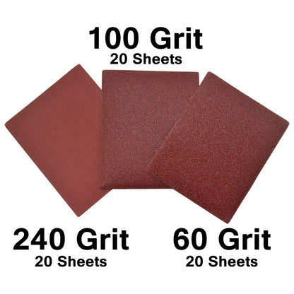 60 Sandpaper 1/4 Sheets - Includes 20x 60 Grit, 20x 100 Grit, and 20x 240 Grit