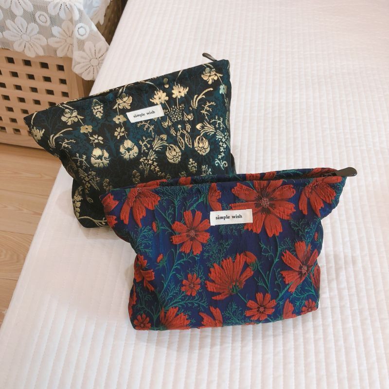 Retro Flower Print Cosmetic Bag Canvas Make Up Organizer Clutch Travel 5*27*18CM