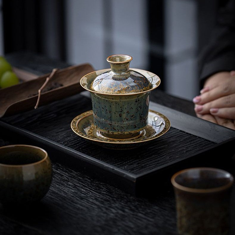 Golden Fleck Kiln Change Gaiwan 11.8cm 175ml Tea Dust Glaze Ceramic Tea Bowl