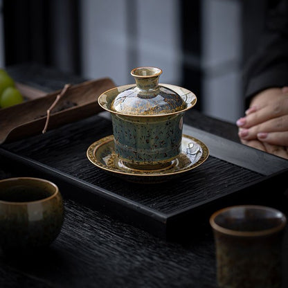 Golden Fleck Kiln Change Gaiwan 11.8cm 175ml Tea Dust Glaze Ceramic Tea Bowl