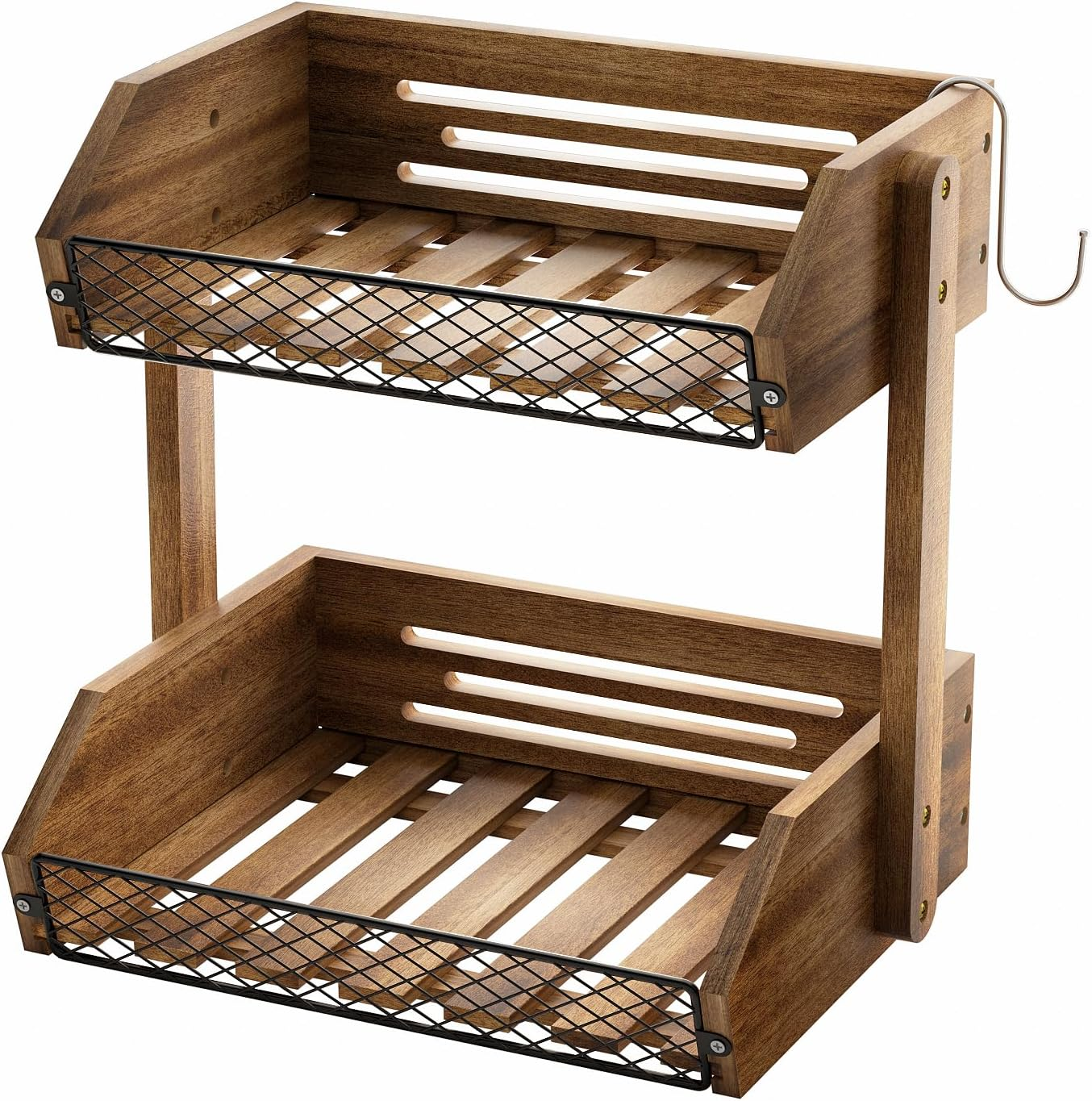 Fruit Basket for Kitchen with Banana Hanger Wooden Counter Storage Decor 2 Tier