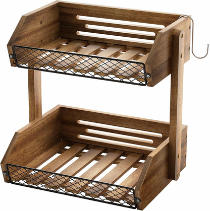 Fruit Basket for Kitchen with Banana Hanger Wooden Counter Storage Decor 2 Tier
