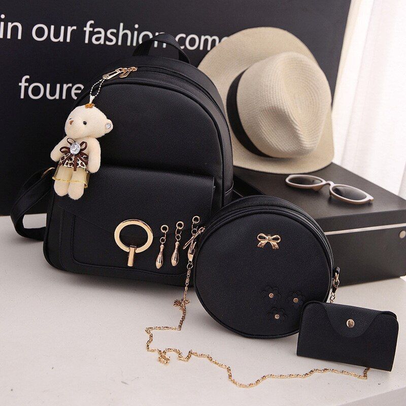 Leather Three Piece Backpack Sets Women Fashion Leather Backpack Card Holder 1PC