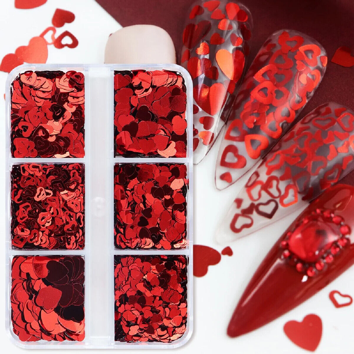 Nail Art Glitter 6 Grids Red Love Heart Sequins Flakes DIY Valentines Decoration