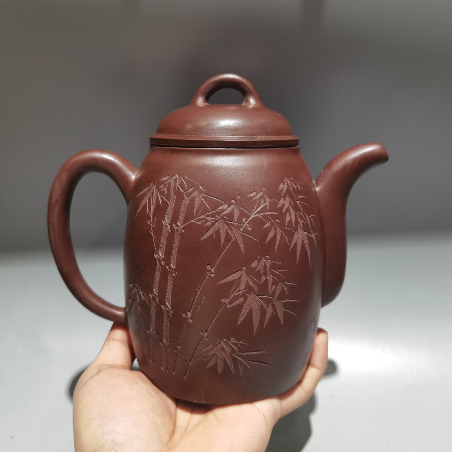 7.4"Chinese Yixing Zisha Pottery Old Purple Clay 460CC Bamboo Lettering Teapot