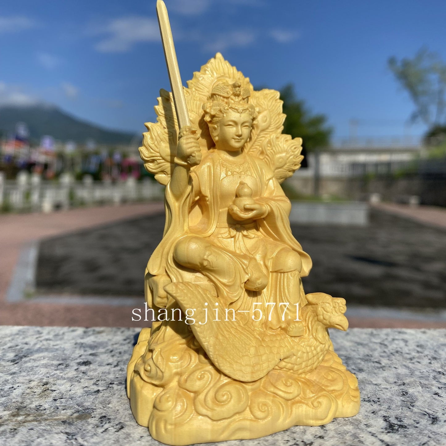 3.9" Chinese Boxwood Handcarved Jiutian Xuannü Goddess Holding Sword Statue