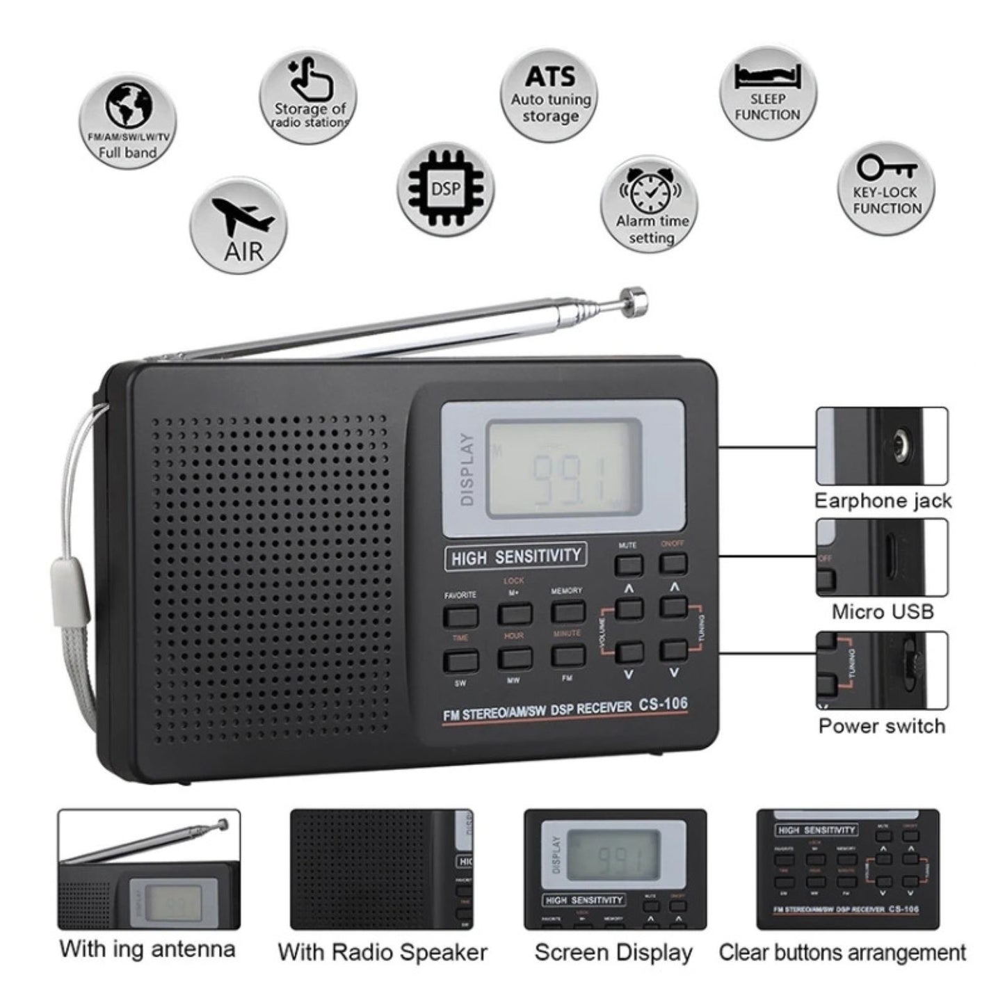 1Pc Portable Digital Radio LCD Display FM/AM/SW/MW Full Frequency Receiver