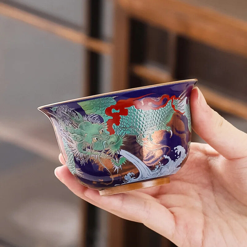 Ceramic Sancai Gaiwan Single Tea Bowl Blue Glaze Large Size with Lid Household