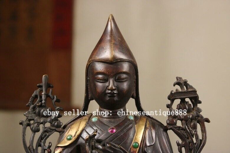 7" Old Tibet Bronze Gilt Inlay Gems Je Tsongkhapa Lama Guru Master Buddha Statue