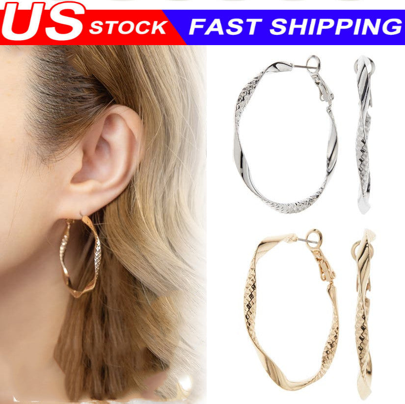 1 Pair Fashionable Gold Circle Earrings Textured Twist Design Hoop Earrings