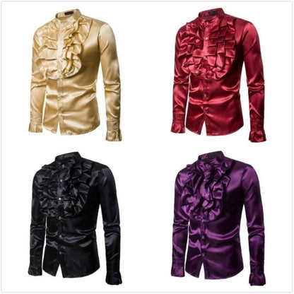 Men Faux Silk Satin Ruffle Shirt Tops Long Sleeve Fancy Clothes Victorian Retro