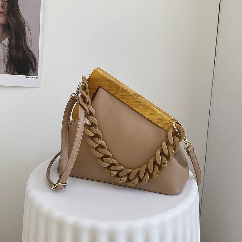 Handbag Thick Chain Triangle Design Leather Crossbody Bag Wooden Handle Purses