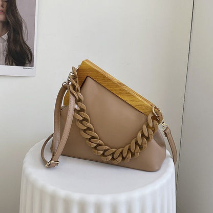 Handbag Thick Chain Triangle Design Leather Crossbody Bag Wooden Handle Purses