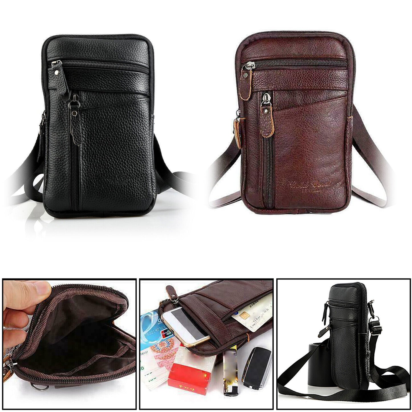 Men Leather Fashion Phone Pouch Belt Bag Shoulder Crossbody Waist Pack Handbag