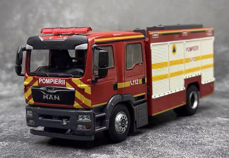 1:43 MAN Suzhou Jieda Recue Fire Engine Truck POMPIERII Vehicles Diecast Model