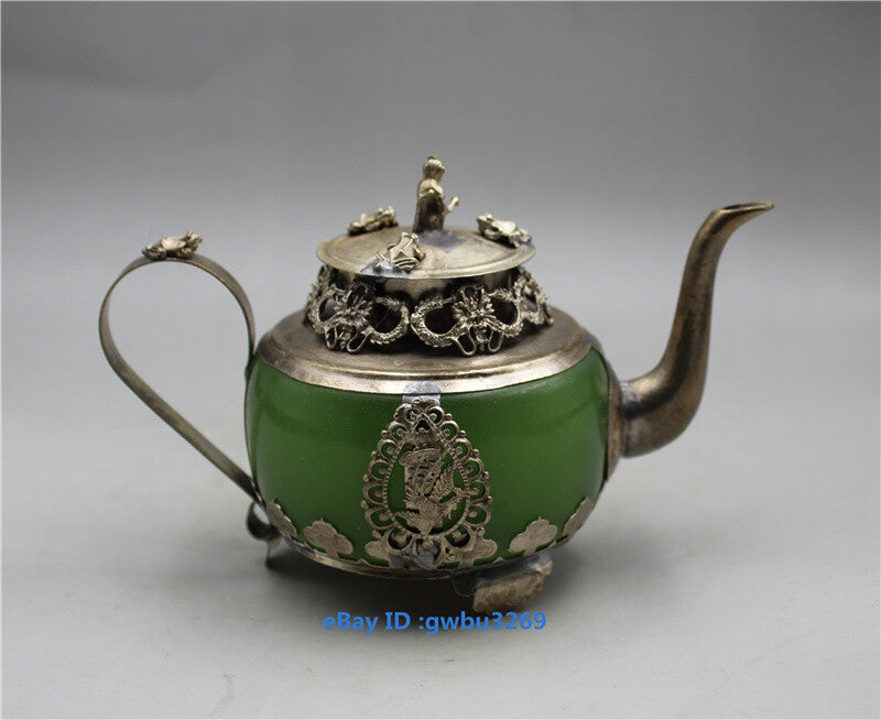 China Old Tibetan Silver Inlay Jade Hand Carved Dragon Teapots Collection
