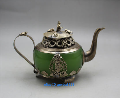 China Old Tibetan Silver Inlay Jade Hand Carved Dragon Teapots Collection