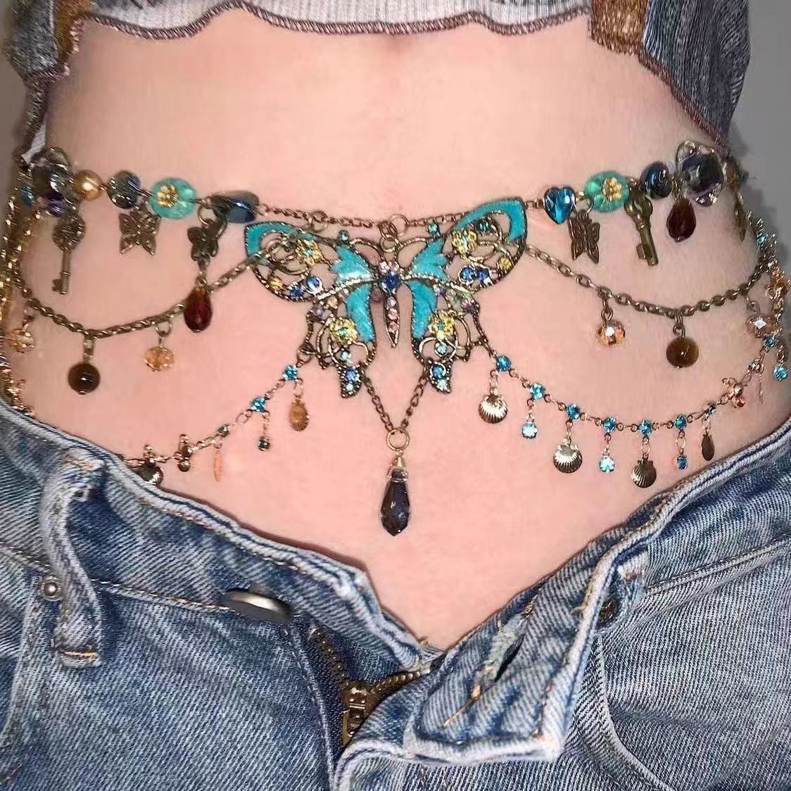 Butterfly Beaded Necklace Waist Chain Vintage Niche Vacation Jewelry for Women