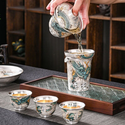Boutique Tea Set Pure Silver Ceramic Gaiwan Pitcher Matching Tea Cup Filter Net