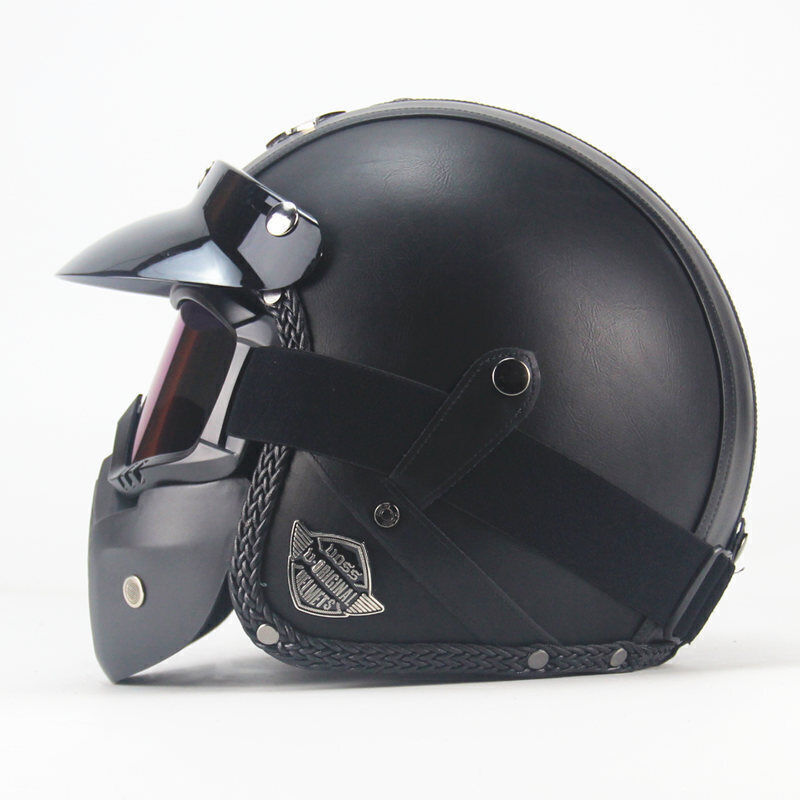 DOT Men Leather Motorcycle Half Face Helmet Goggles Mask Detachable Biker Pilot