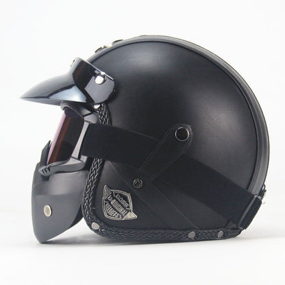 DOT Men Leather Motorcycle Half Face Helmet Goggles Mask Detachable Biker Pilot