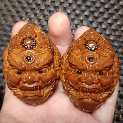 Vintage Brazilian Olive Nut Carved Mahakala Hand Balls Pair 3.5cm