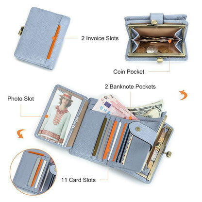 Kiss Lock Wallet RFID Genuine Leather Metal Frame Card Holder Coin Purse Handbag