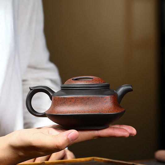 5.6" Chinese Yixing Zisha Pottery Black Glue Clay 280ML Four Sides Teapot 牛盖四方