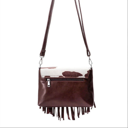 Celela Fashion Women Hair-on Cow Pattern Fringe Crossbody Bag Handbag Purse