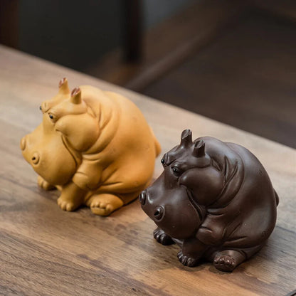 1pair Yixing Purple Clay Tea Pet Chinese LuckHippo Statue Ornaments Handmade