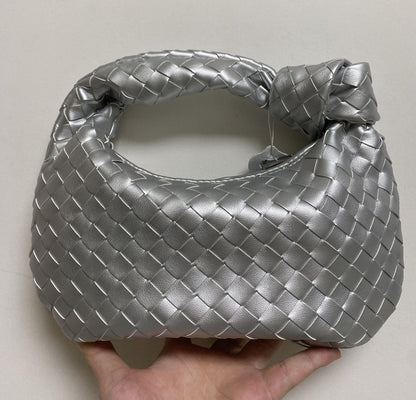 Leather Handbag Mini Shoulder Bag Purse Style Silver Weave Soft Underarm Bags