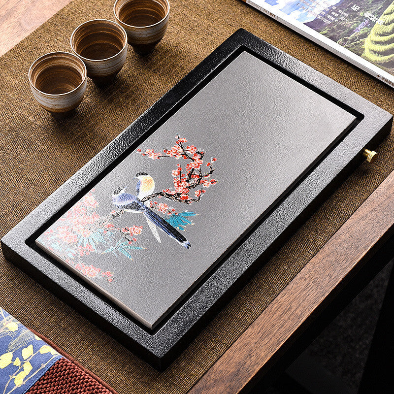 Porcelain Black Stone Tea Tray Creative Serving Tray On Sales Crude Pottery Tray